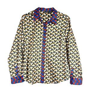 Jones New York Blouse Women's L Button Up Shirt Chain Link Graphic Red Blue Gold